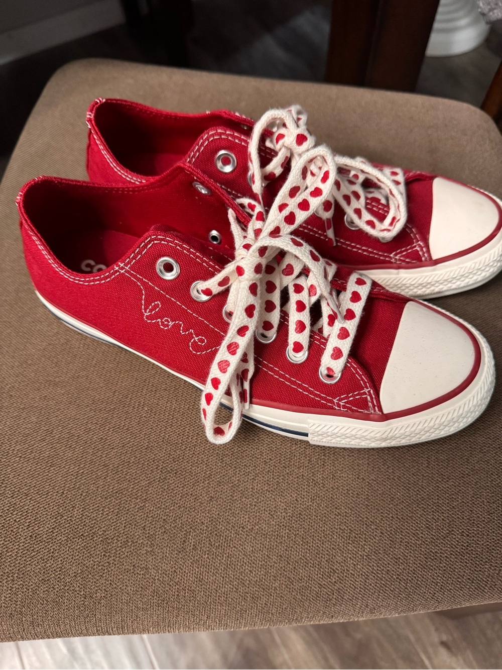 Converse Red Low-Top Sneakers with Heart Laces